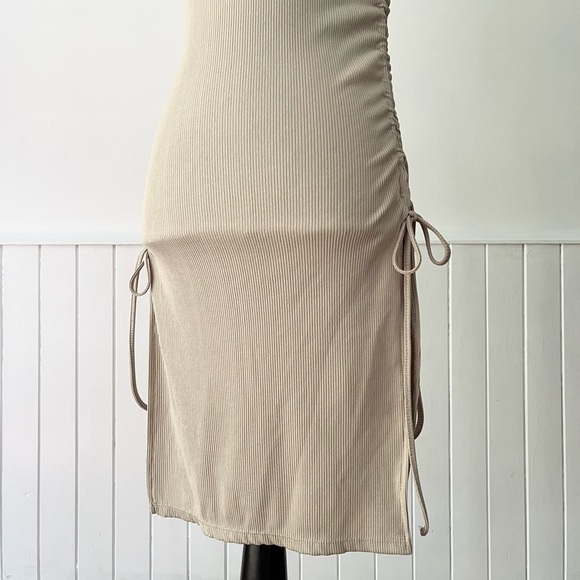 Zara Tan Ribbed Knit Ruched Drawstring Bodycon Dress Size S - Picture 6 of 15